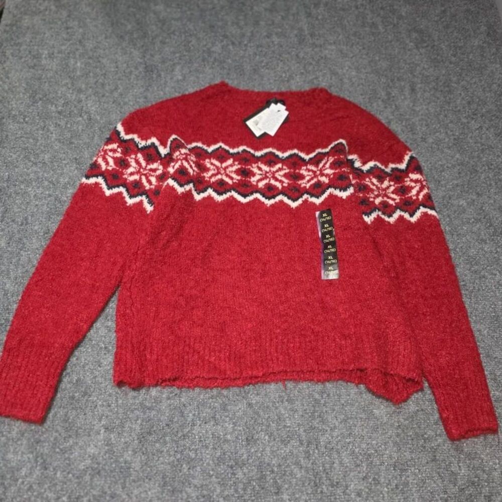 Kids Red Fair Isle Snowflake Fuzzy Sweater XL 14/16